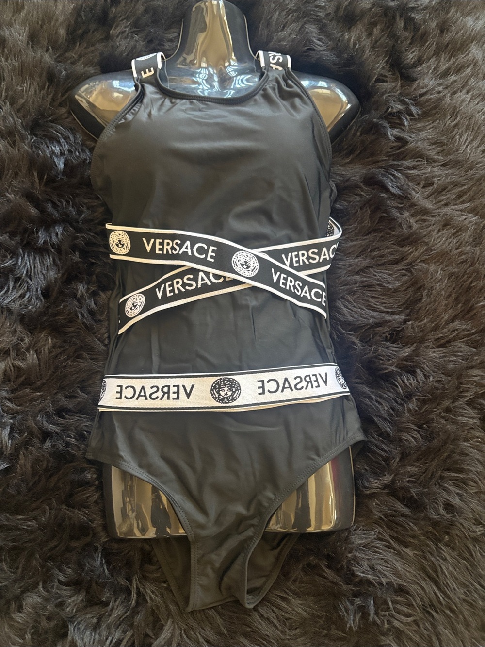 Versace  Black One-Piece Swimsuit with White Logo Straps